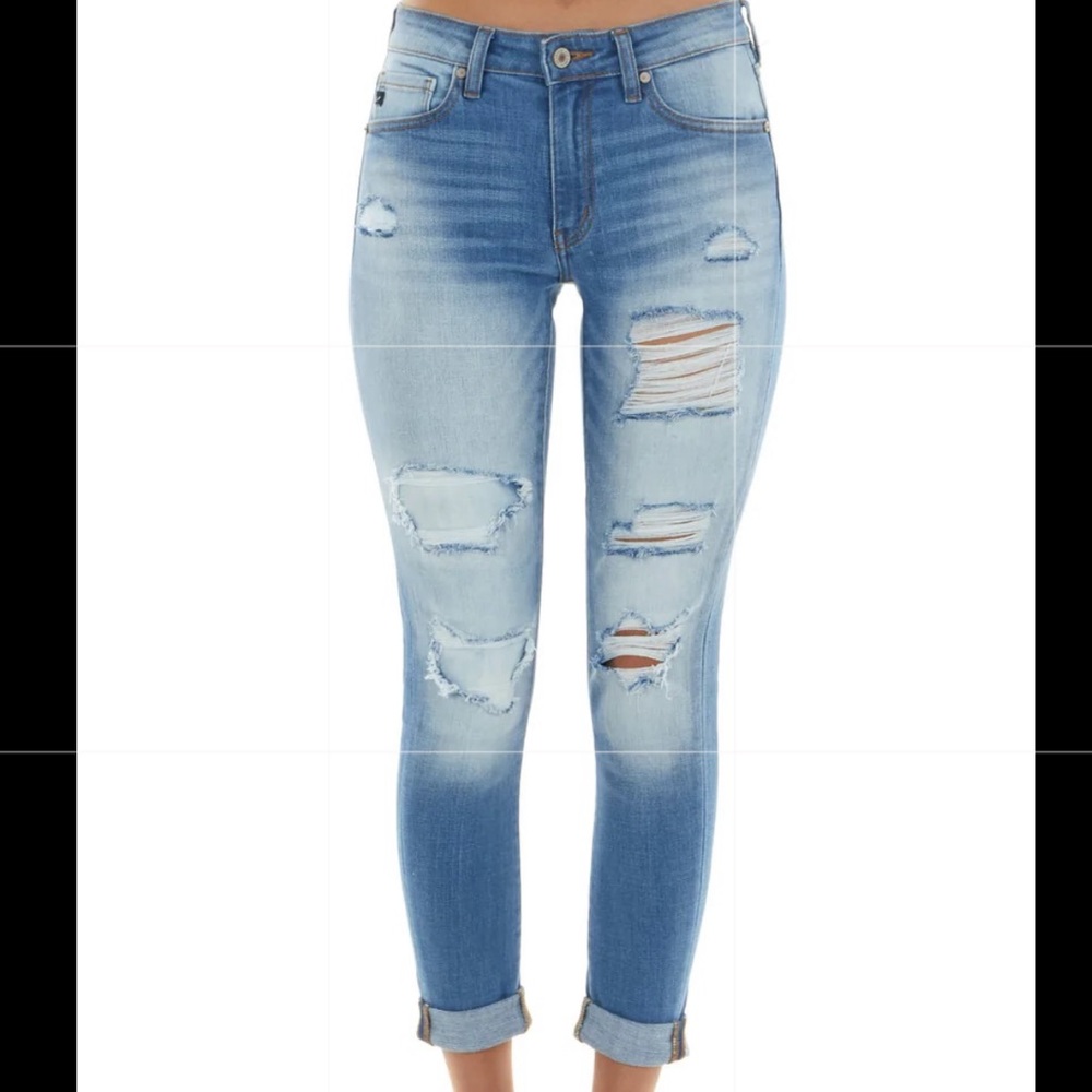 KanCan Medium Wash Mid Rise Heavily Distressed Jeans